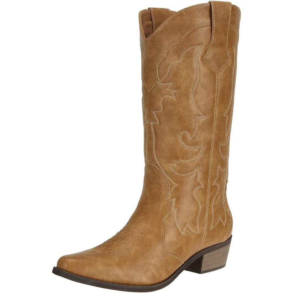 Women's Tan Rubber Cowgirl Wide Calf Fashion Classic Comfortable Western Boots
